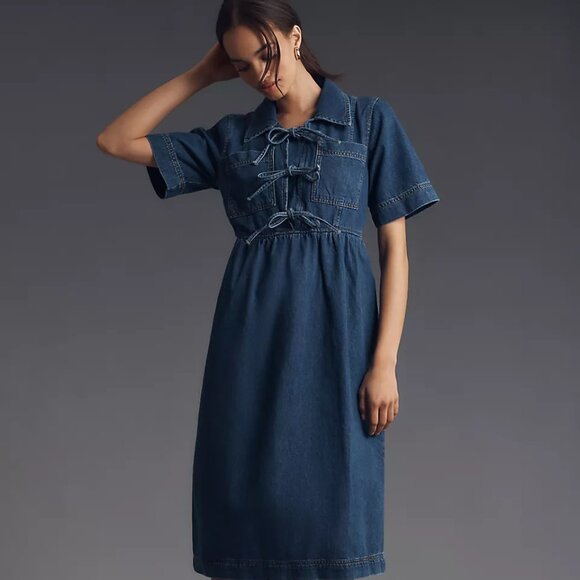 ALIGNE for Anthropologie Effy Short Sleeve Tie-Front Midi Denim Dress - Picture 2 of 13